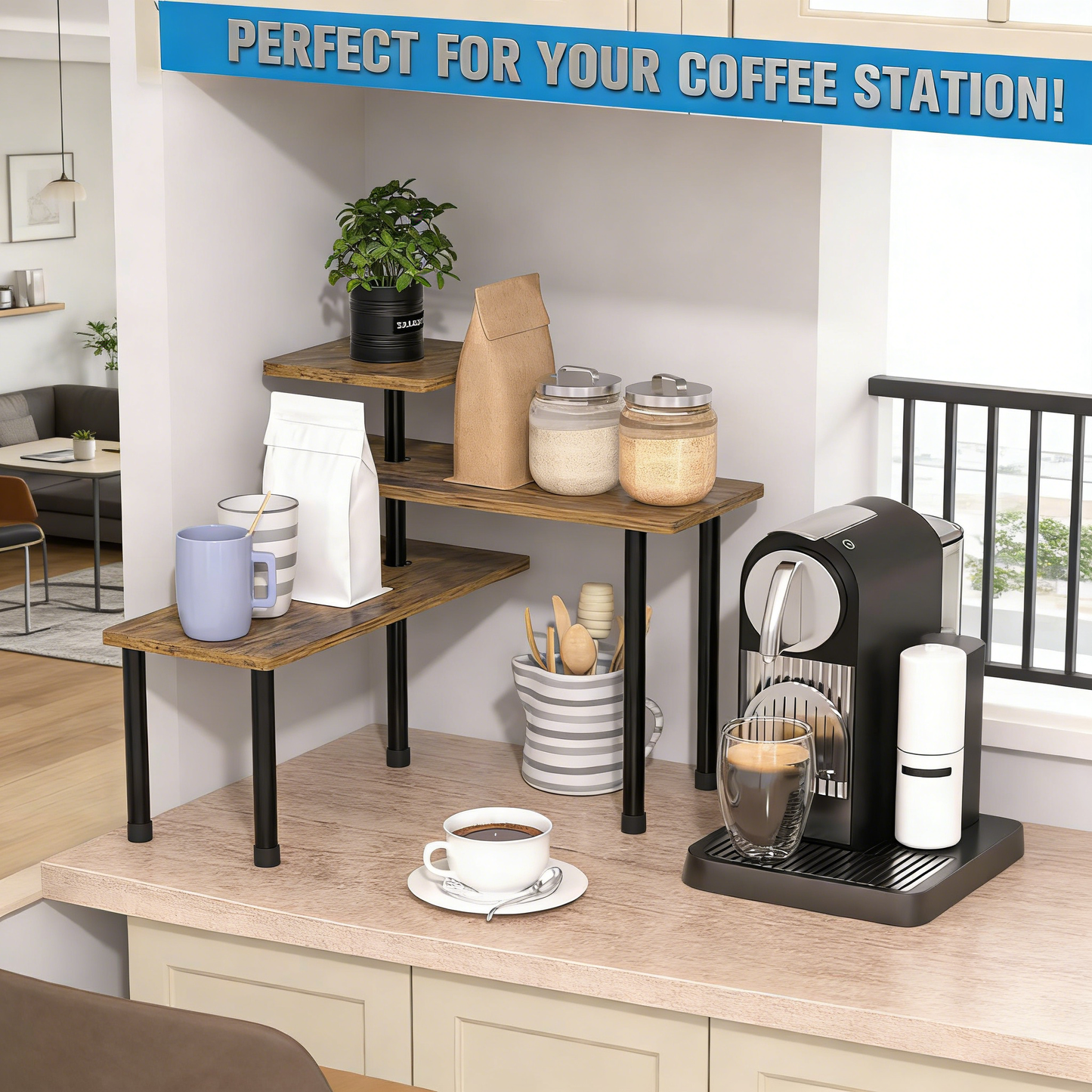 3-Tier Countertop Corner Shelf – Rustic Wood & Metal Storage Rack for Coffee Station & Kitchen