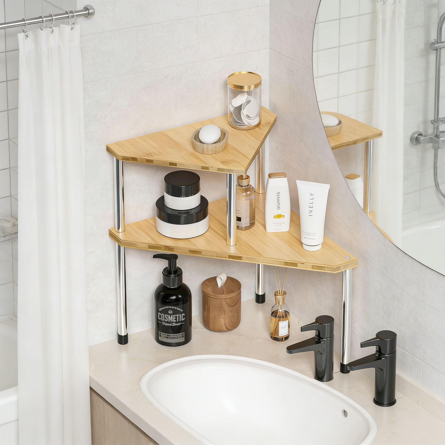 2-Tier Bamboo Corner Shelf – Space-Saving Storage Rack for Bathroom, Kitchen & Countertop