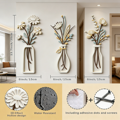 3-Piece 3D Hollow Flower Vase Wall Decor Set – Water-Resistant Minimalist Art for Living Room & Bedroom