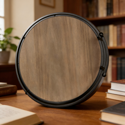 12" Round Decorative Tray – Wood & Metal Farmhouse Serving Tray for Coffee Table & Bathroom