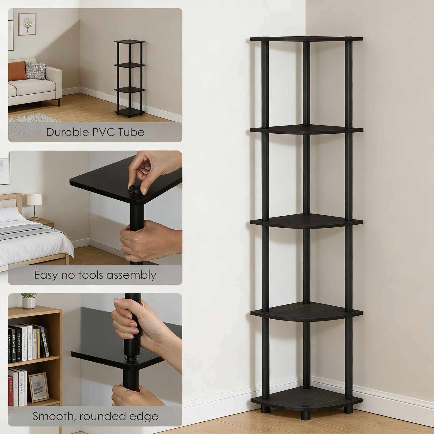 5-Tier Corner Shelf – No-Tool Assembly, Space-Saving Storage Rack for Living Room, Bathroom & Kitchen