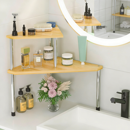 2-Tier Bamboo Corner Shelf – Space-Saving Storage Rack for Bathroom, Kitchen & Countertop