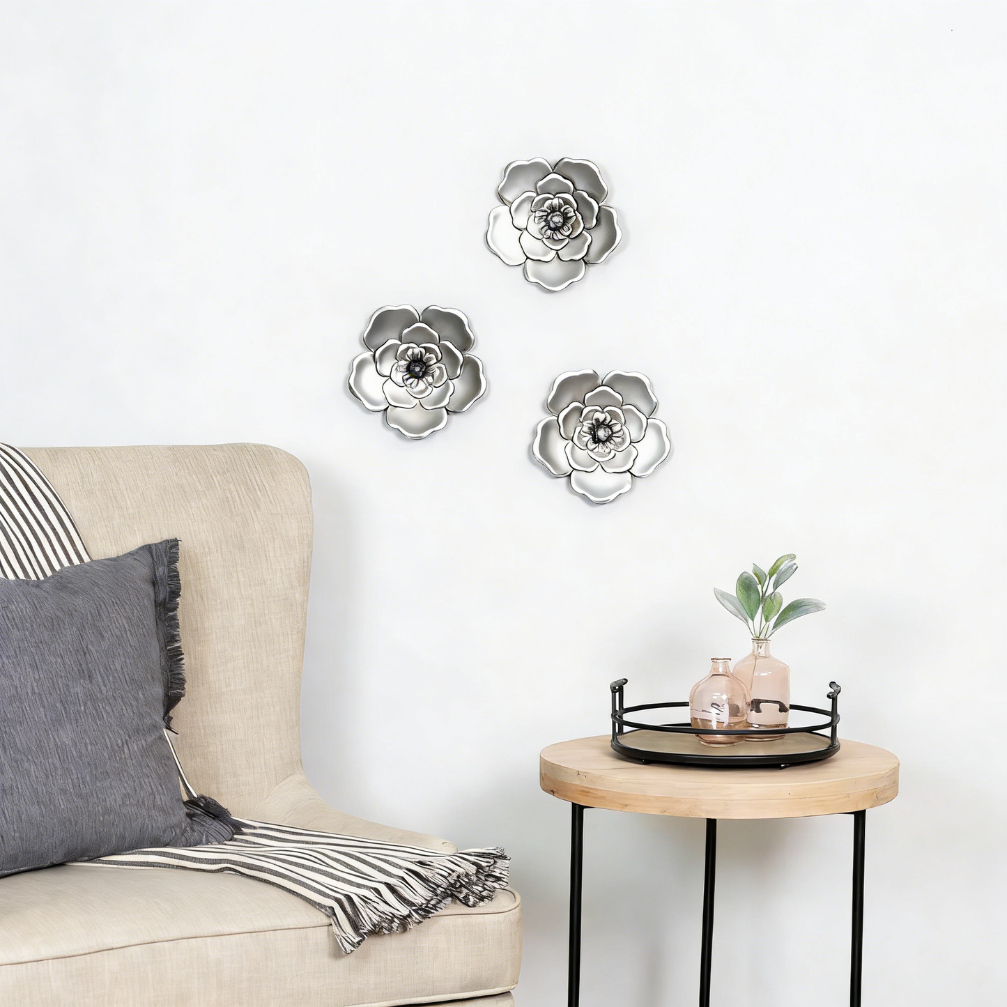 12" Round Decorative Tray – Wood & Metal Farmhouse Serving Tray for Coffee Table & Bathroom