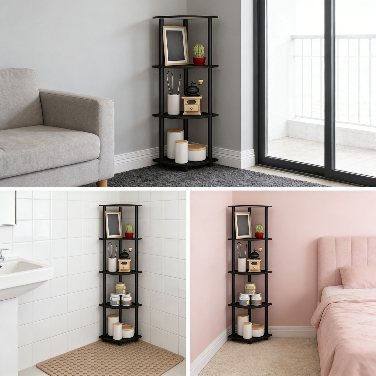 5-Tier Corner Shelf – No-Tool Assembly, Space-Saving Storage Rack for Living Room, Bathroom & Kitchen