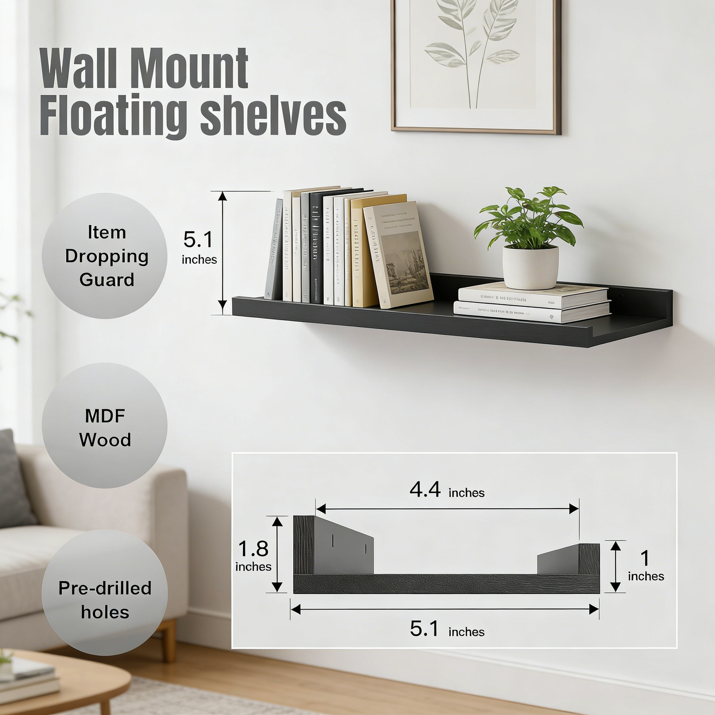 Wall Mounted Floating Shelves with Front Lip – MDF Storage Shelves for Bathroom, Kitchen & Living Room