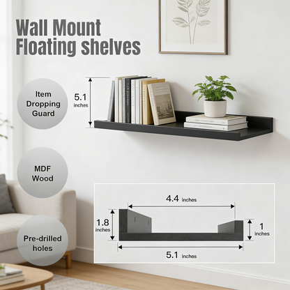 Wall Mounted Floating Shelves with Front Lip – MDF Storage Shelves for Bathroom, Kitchen & Living Room