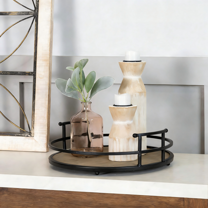 12" Round Decorative Tray – Wood & Metal Farmhouse Serving Tray for Coffee Table & Bathroom