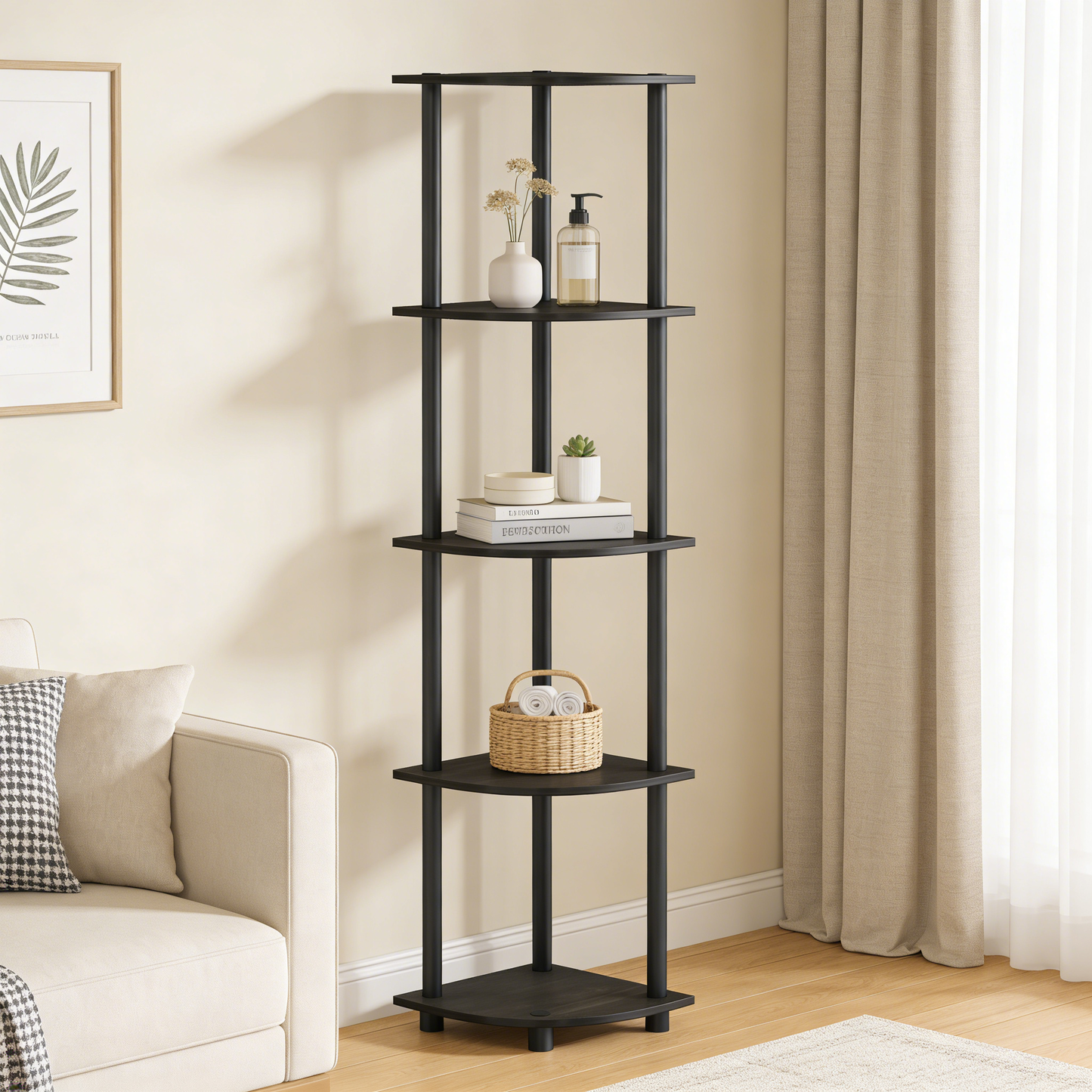 5-Tier Corner Shelf – No-Tool Assembly, Space-Saving Storage Rack for Living Room, Bathroom & Kitchen