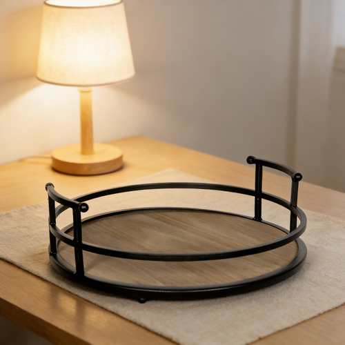 12" Round Decorative Tray – Wood & Metal Farmhouse Serving Tray for Coffee Table & Bathroom