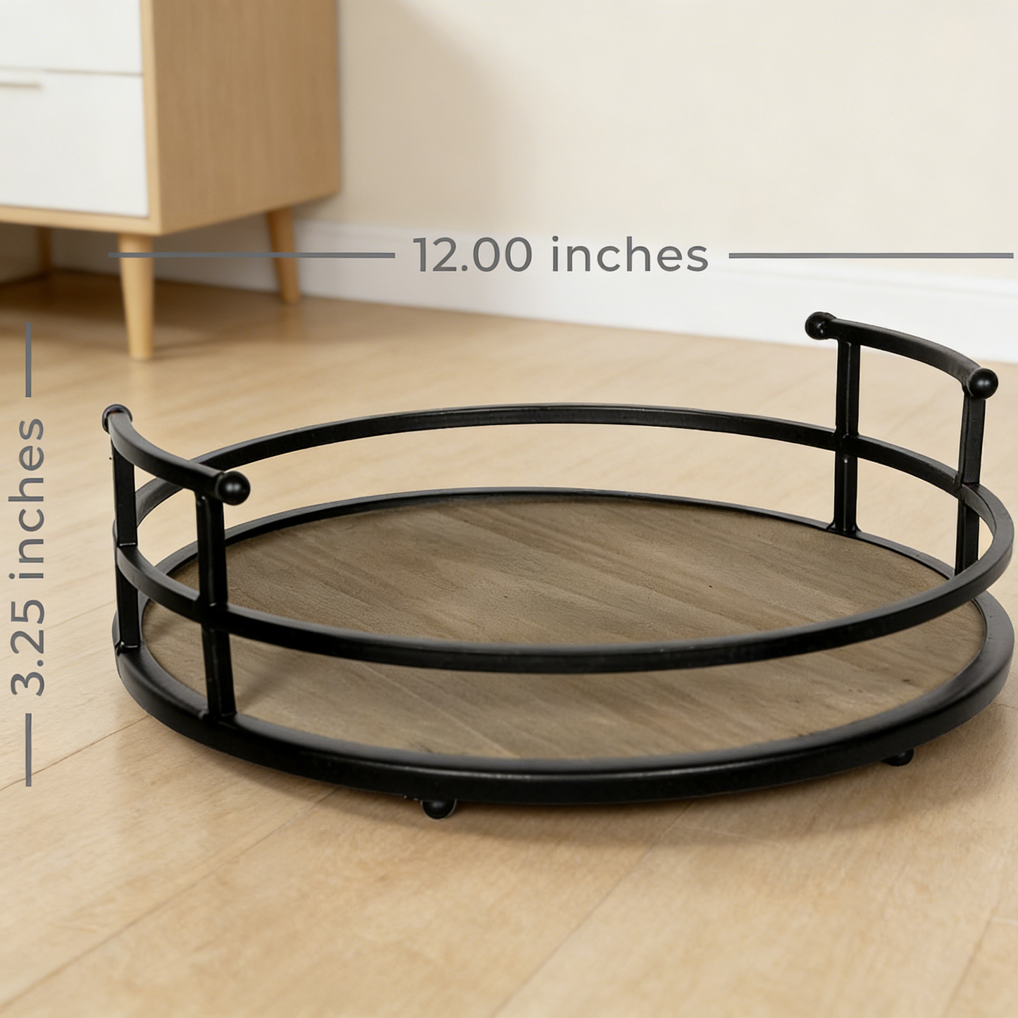 12" Round Decorative Tray – Wood & Metal Farmhouse Serving Tray for Coffee Table & Bathroom