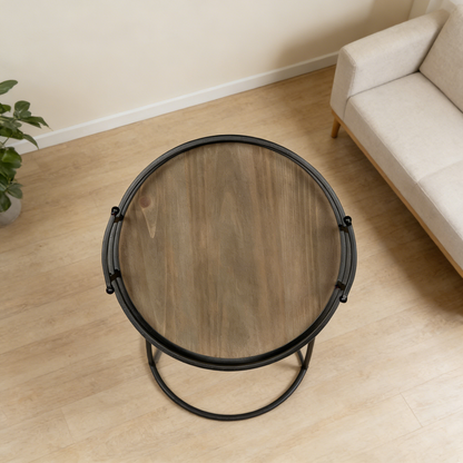 12" Round Decorative Tray – Wood & Metal Farmhouse Serving Tray for Coffee Table & Bathroom